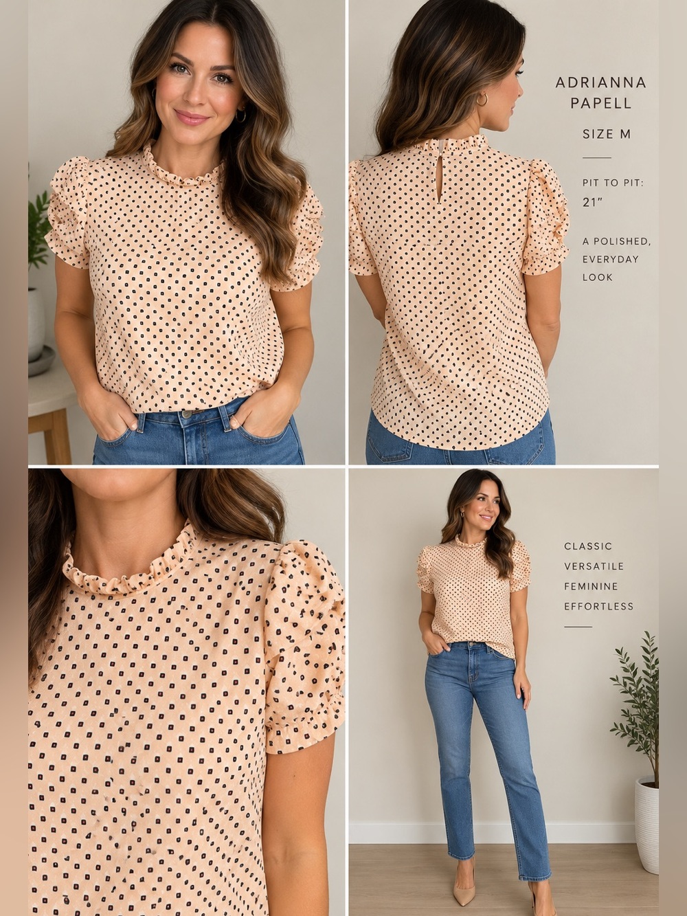 Adrianna Papell Peach Polka Dot Ruffle Collar Puff Sleeve Blouse